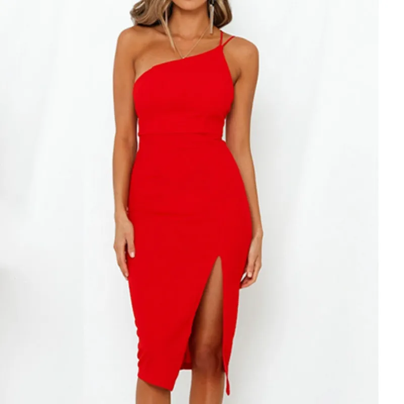 Вечернее платье vestidos, женское платье с открытой спиной на одно плечо, с разрезом, на бретелях, рождественское красное платье, новинка