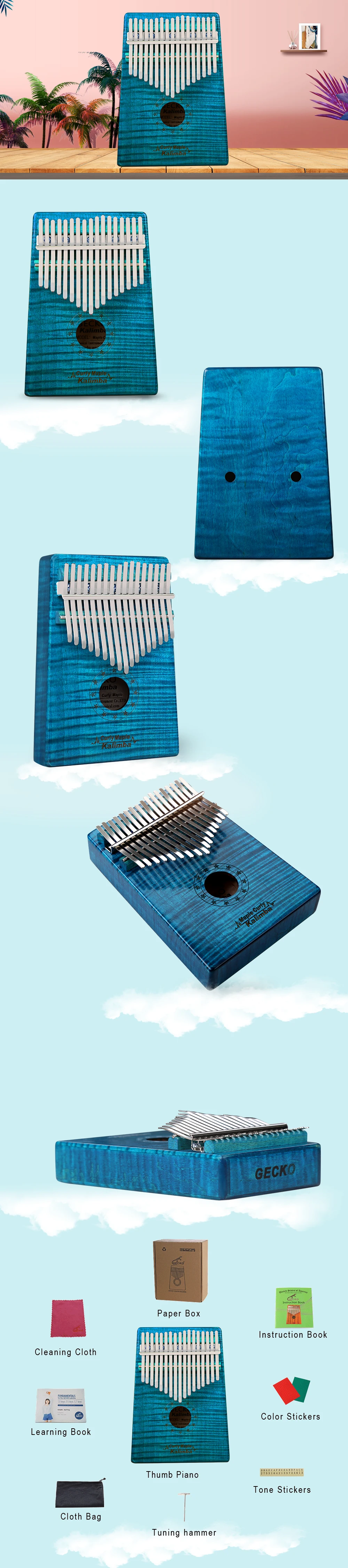 GECKO Kalimba 17 клавиш для большого пальца пианино вьющиеся Кленовая руда стальные стержни калимба с Тюнинг Молот учебная инструкция песенка книга