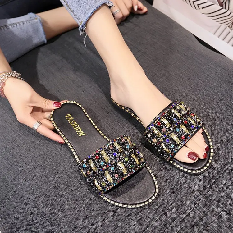 Разноцветные блестящие пляжные шлепанцы женские сандалии на плоской подошве со