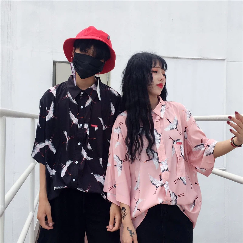 Женская летняя Новинка Harajuku BF ветер ретро рисунок с птицами свободный отворот
