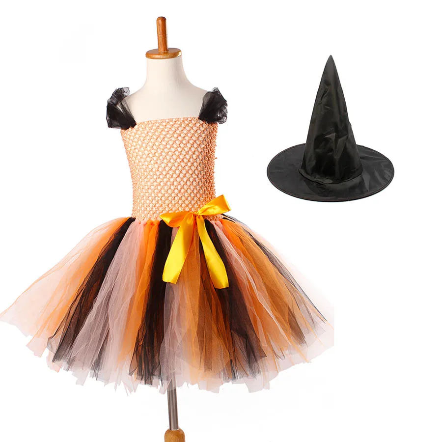 Платье-пачка злой ведьмы на Хэллоуин с шапкой для маленьких девочек оранжевая и
