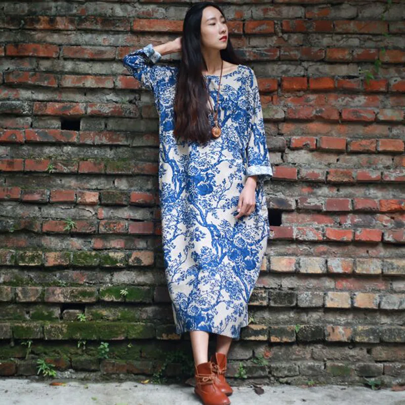 Женское летнее платье макси свободное винтажное трапециевидной формы с длинными