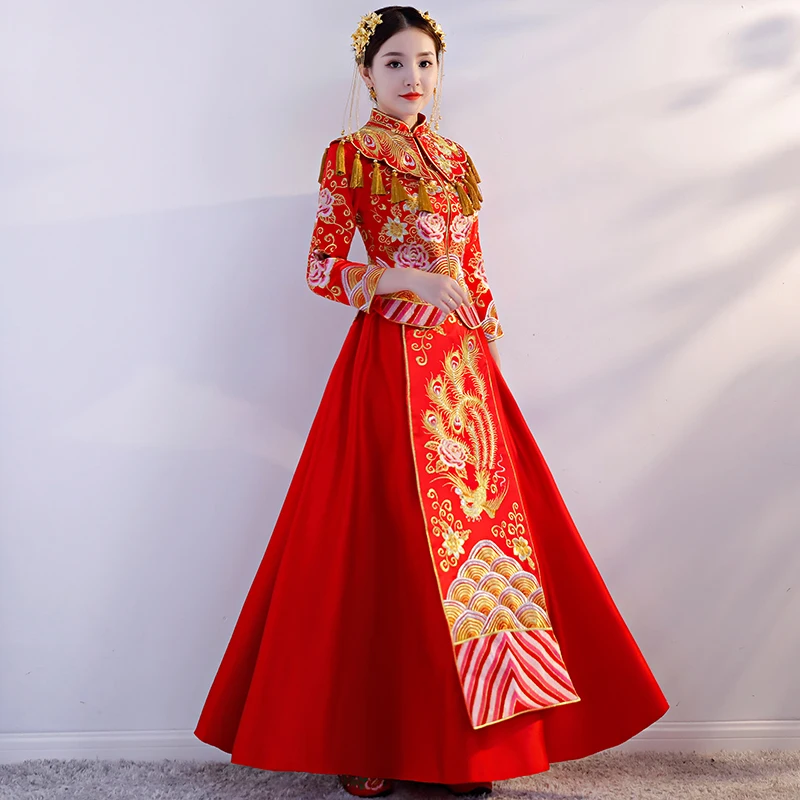 

Bride Cheongsam Vintage Chinese Style Wedding Dress Retro Toast Clothing Lady Embroidery Phoenix Gown Marriage Qipao red Clothes