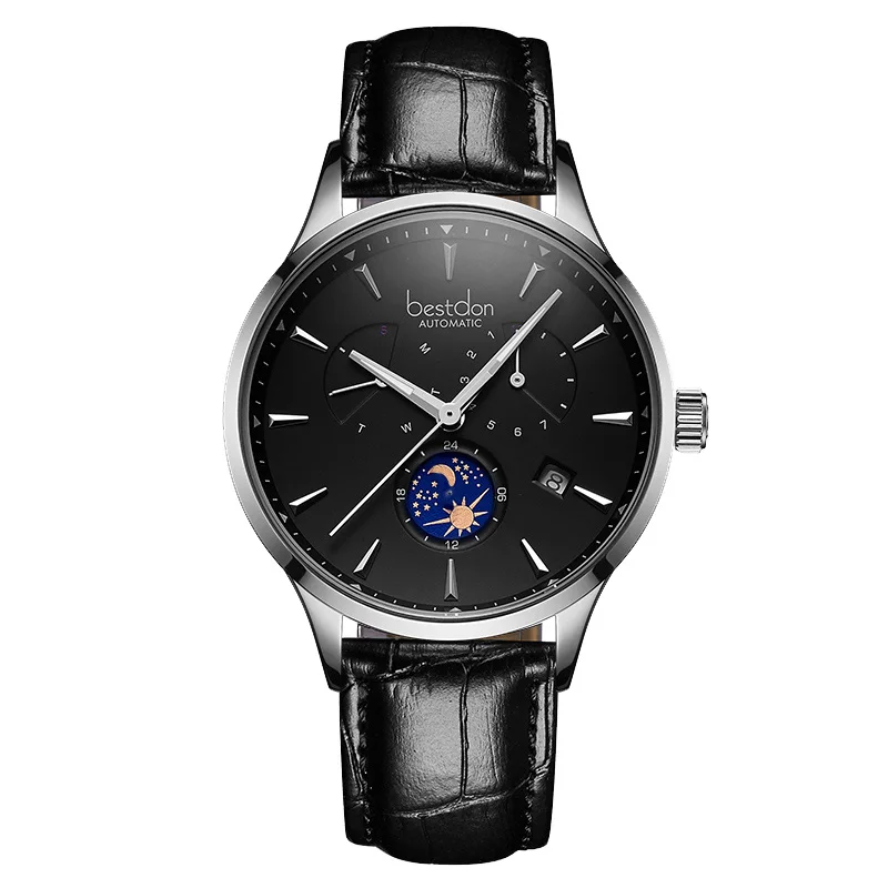Silver-black-black Bestdon швейцарские роскошные брендовые механические часы, автоматические мужские часы с фазой Луны, синие кожаные Наручные часы, Классические джентльменские часы - Цвет: Silver-black-black