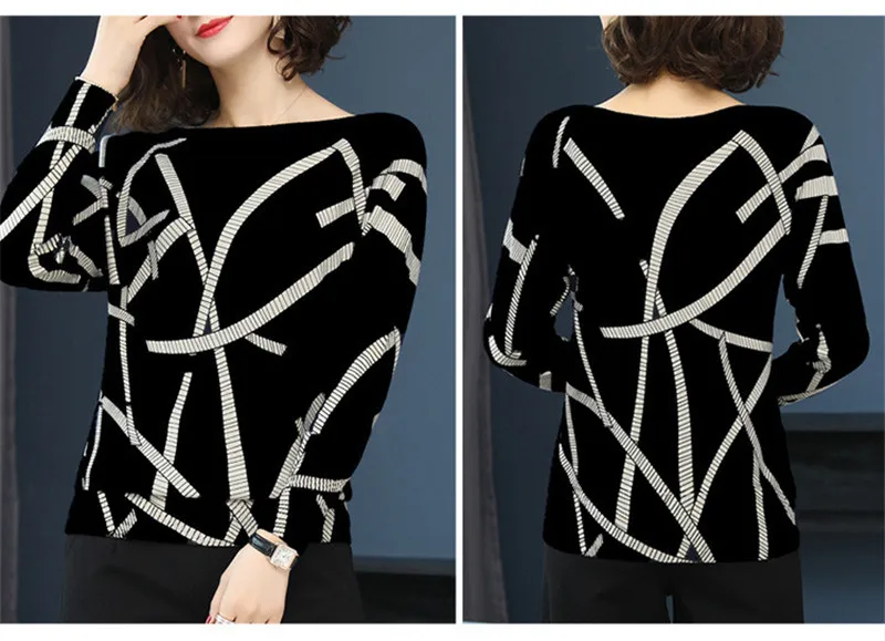 Модные женские свитера с принтом в полоску джемперы длинными рукавами вязаные