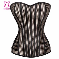 womens gothic steampunk corset top beige satin and fishnet overbust corsets and bustiers sexy korset black lace corselet zipper
