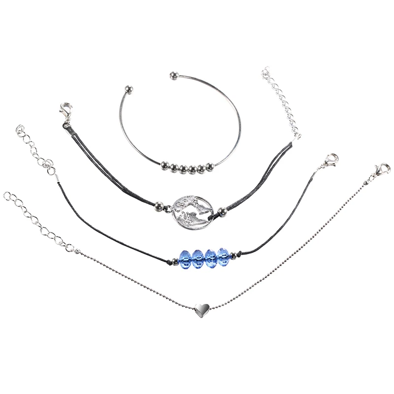 

Fashion Blue Crystal Beads Heart Earth Map Bracelet Silver Color Geometry Open Bangle Women Beach Jewelry Drop Shipping