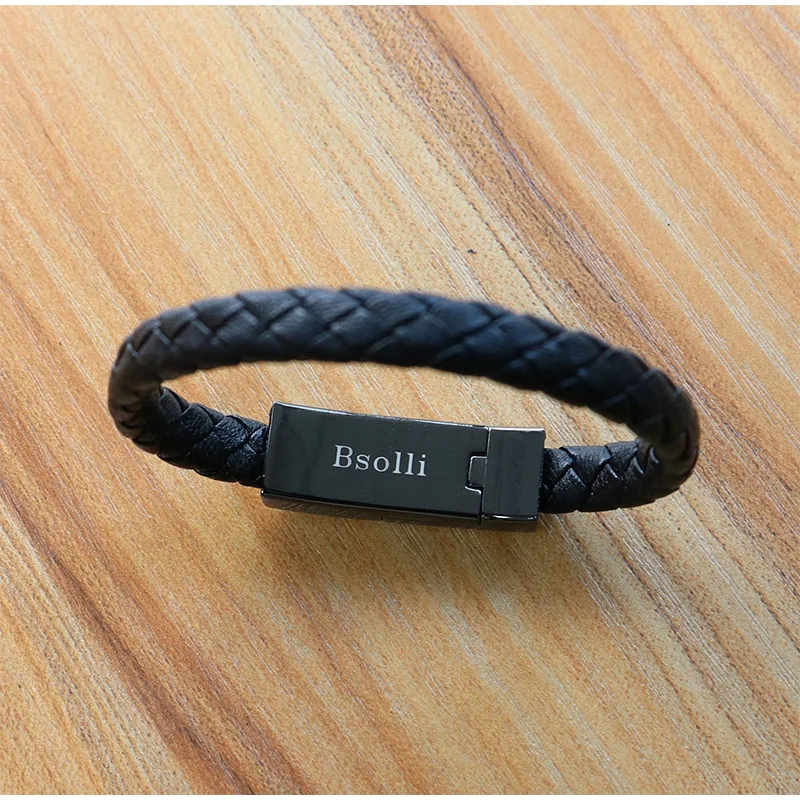 Travel Fast USB Phone Chargers Jewelry Black Punk Rubber Silicone Braided Leather Bracelet Men Stainless Steel Magnetic Clasp | Мобильные