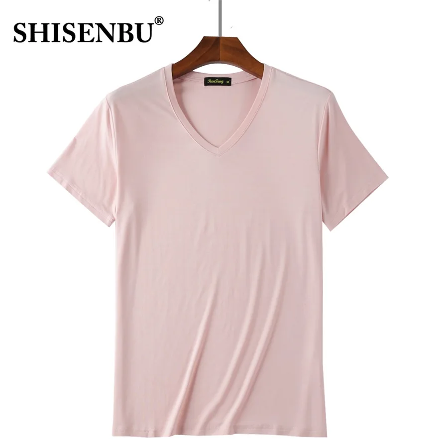 Light pink Летняя мода, повседневная футболка с v-образным вырезом, свободная, розовая, черная, для фитнеса, 95%, бамбуковое волокно, удобная, короткий рукав, футболки для мужчин - Цвет: Light pink