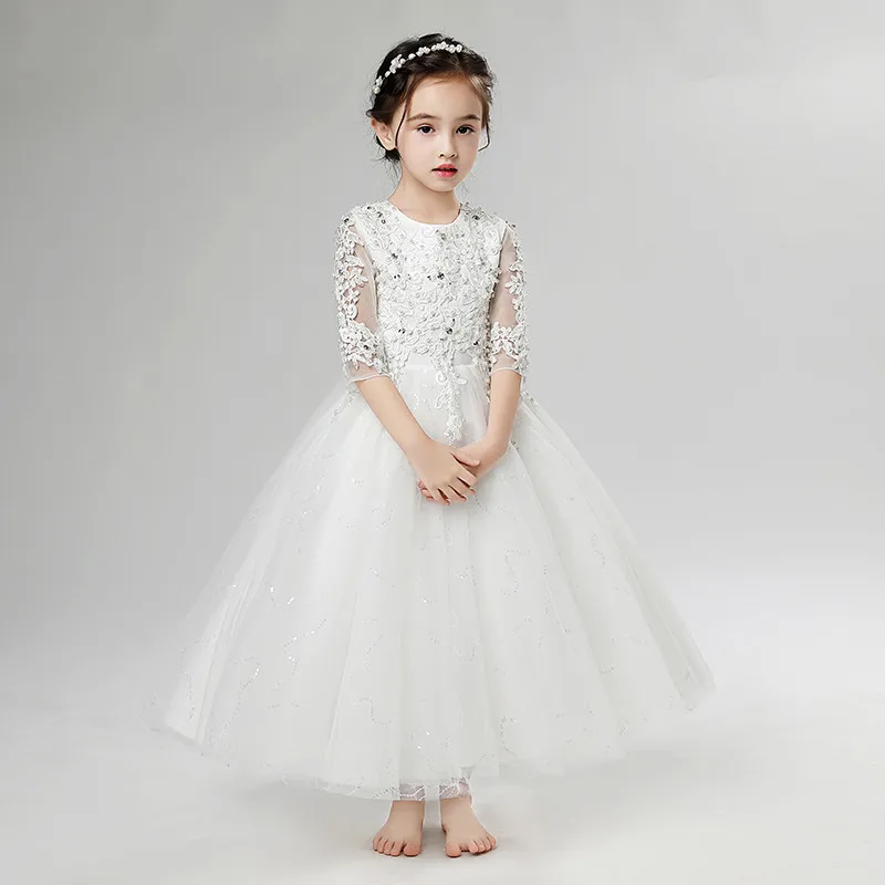 

Elegant Girl Wedding Dress 2018 White Lace Sequin Tulle Flower Girl Dress Party Princess Dress Birthday First Communion Dress