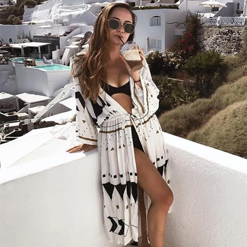 Swimsuit Cover Up 2020 Women Pareo Beach Dress Wears Print Loose Long Cardigan Bathing Suit Ups | Женская одежда