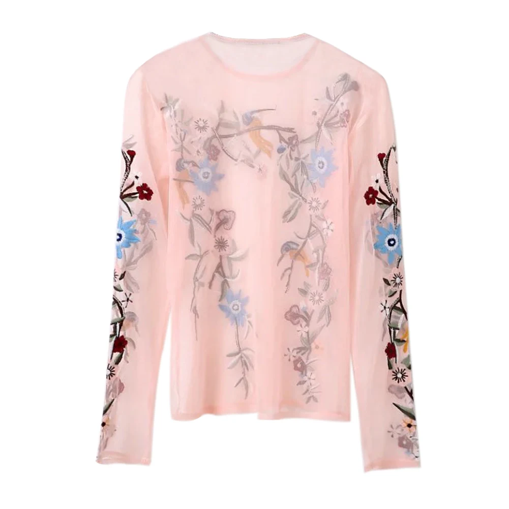 Женская прозрачная блузка с цветочной вышивкой Полупрозрачная рубашка длинным