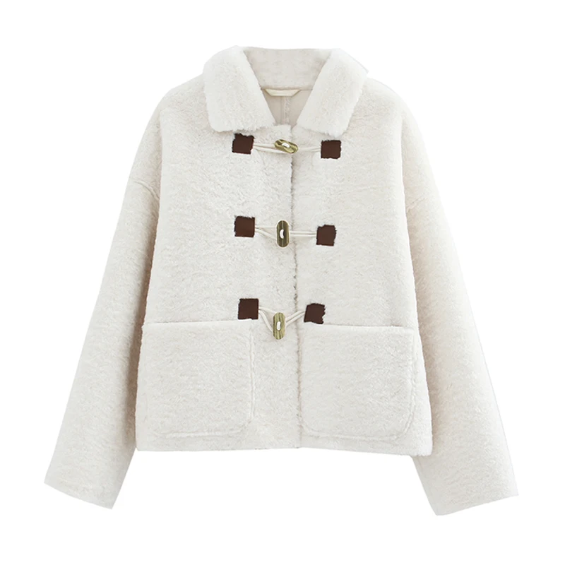 

PERHAPS U Women Camel White Solid Jacket Turn Down Collar Faux Fur Lambswool Horn Button Single Breasted Pocket C0049