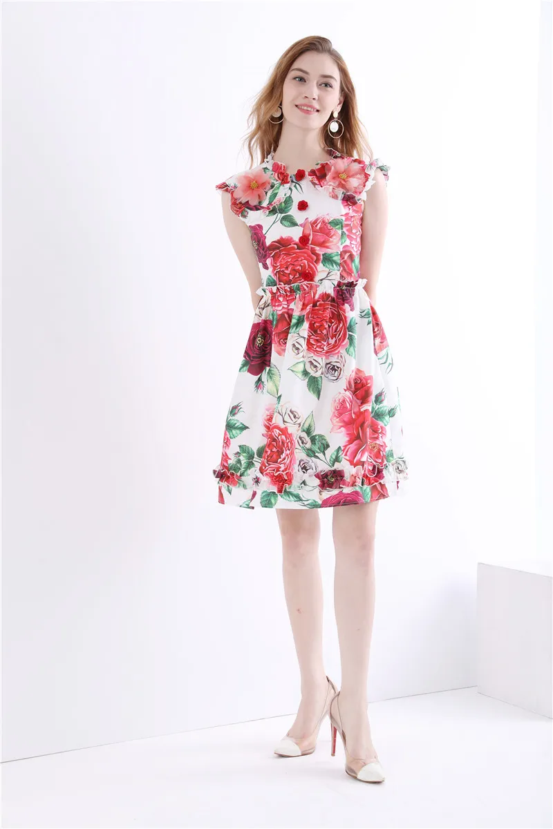 Красные цветы цветочный принт платья 2018 осень женские высокие качественная