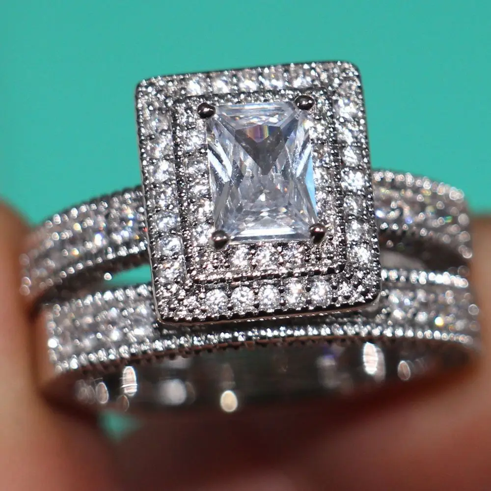 Винтажное обручальное кольцо с фианитом 4 карата 14 карат|ring set|princess cutwhite gold |