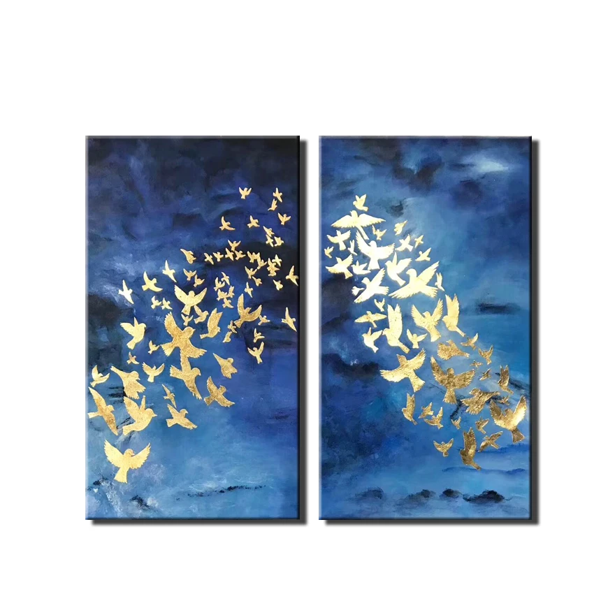

MYT 2 Panels Wall Art Gold Foil Bird Oil Painting 100% Hand Painted Canvas Decoration Painting Home Wall Decor Animal Painting
