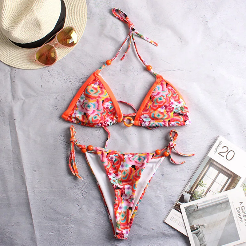 

Women's Tie Side Bottom Triangle Bikini Bathing Suits Printed Sexy 2 Pieces Swimsuits Padded Bandage Swimwear