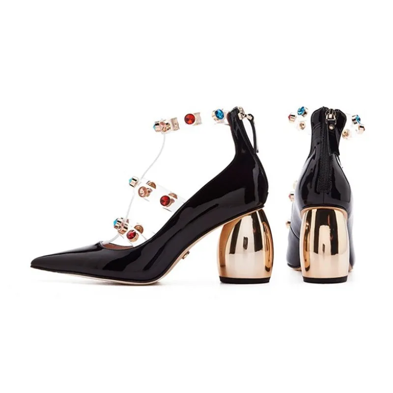 Women Pointed Toe Pumps Black Shiny Leather Formal Dress Party Shoes Studded Strap Chunky High Heel Office Zapatos Mujer Creeper