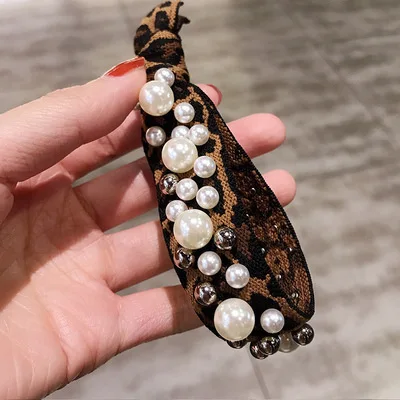 

Women Leopard Elastic Hair Bands Ponytail Holder Scrunchies Big Pearls Beads Rubber Band Headband Lady Hair Accessories