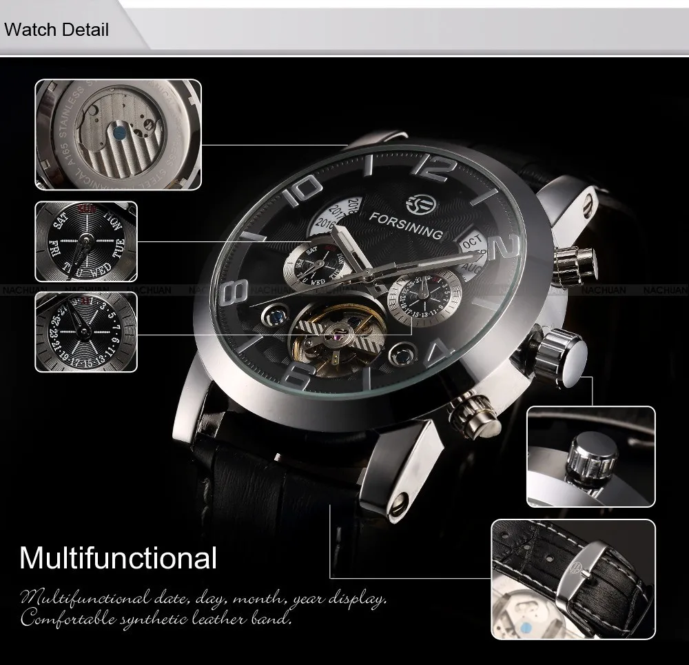 Классические Автоматические механические часы Tourbillon чехол из нержавеющей стали кожаный ремешок черный циферблат Дата Год Месяц Дисплей мужские наручные часы