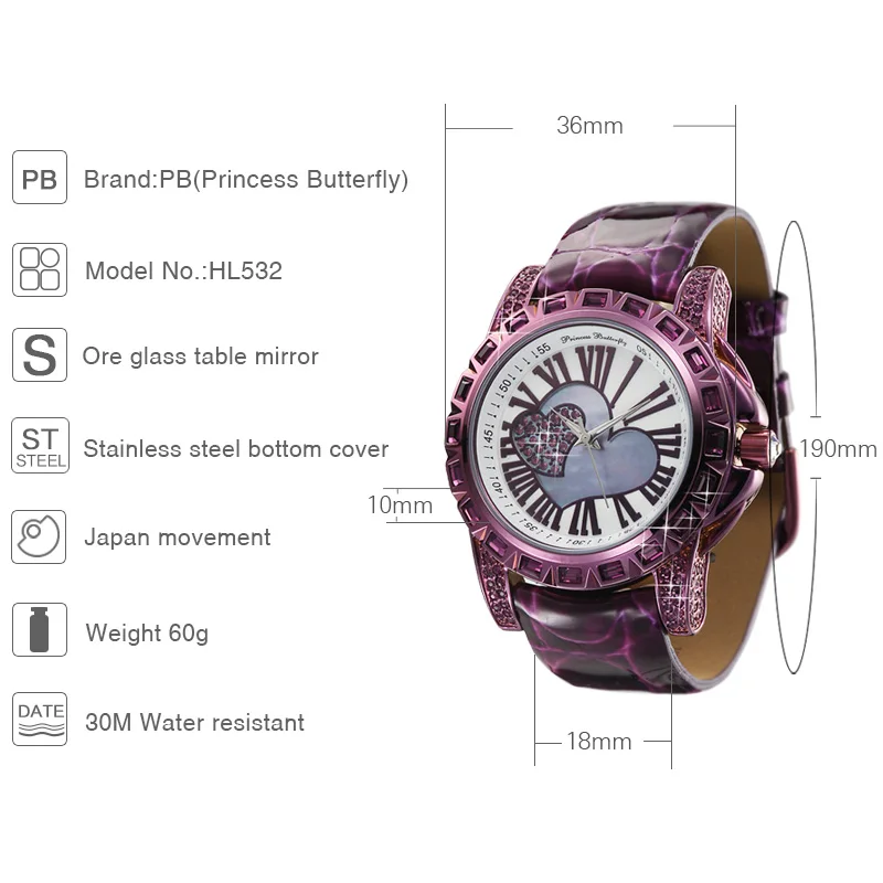 PB люблю сердце часы наручные женские Кристальные кварцевые римские цифры