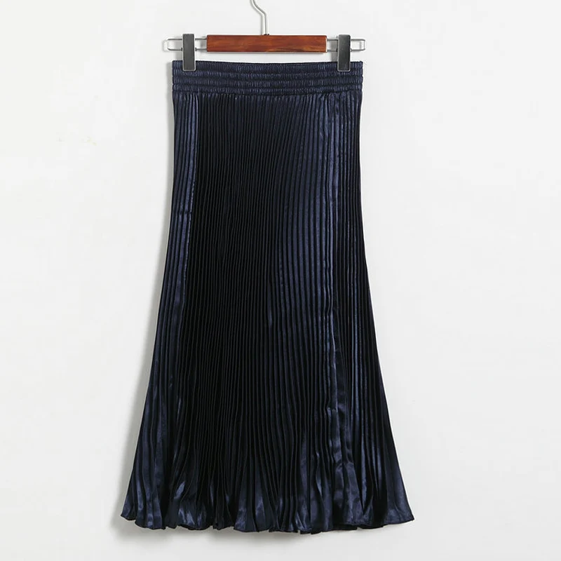 Navy-Blue Qiuxuan, яркая металлическая шелковая ткань, облегающая, эластичная, высокая талия, женские плиссированные юбки, разные цвета, Летняя женская повседневная юбка средней длины - Цвет: Navy-Blue