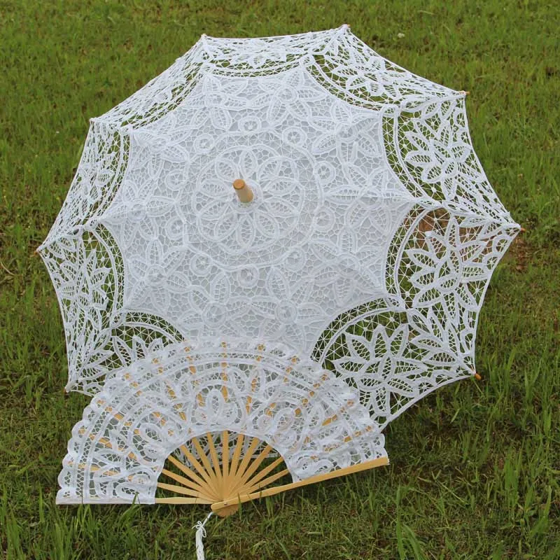 white parasol w fan Белый бежевый цвет вышивка Викторианский бэттенбург кружевной зонтик Свадебная вечеринка фото реквизит невесты Солнечный кружевной зонтик - Цвет: white parasol w fan