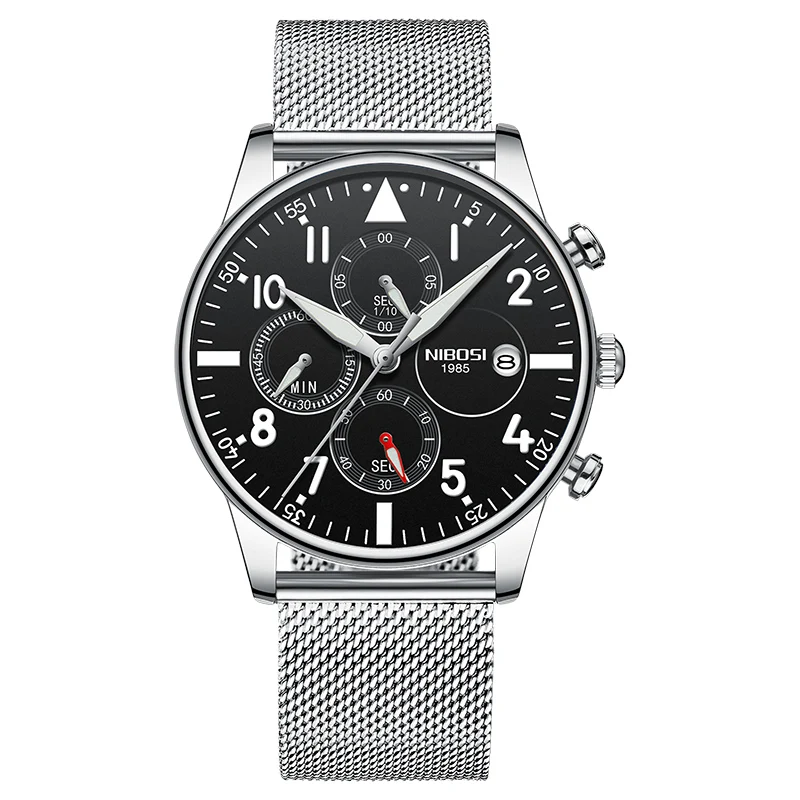 Silver black m Rologios Masculinos NIBOSI мужские часы Топ люксовый бренд Мужские стальной браслет Кварцевые часы аналоговые наручные часы водонепроницаемые Saat - Цвет: Silver black m
