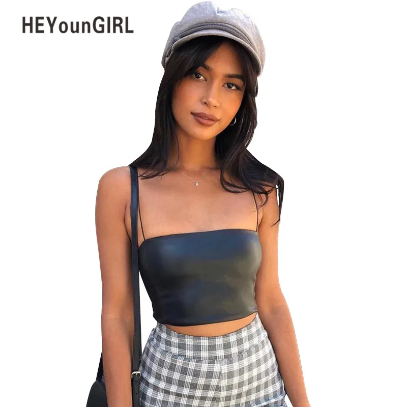 HEYounGIRL топ на бретелях из искусственной кожи для женщин, фитнес, укороченный топ-труба, Feminino, футболка без рукавов, облегающий летний модный бюстгальтер