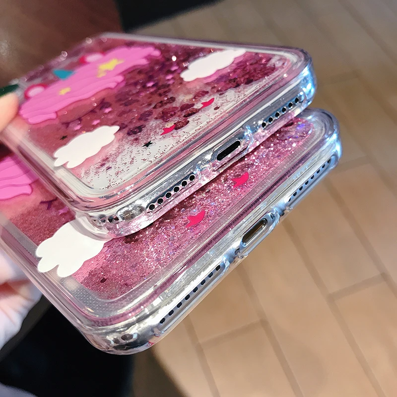 Модный мягкий ТПУ чехол накладка с розовым единорогом и жидким песком для iPhone 6 6S 7
