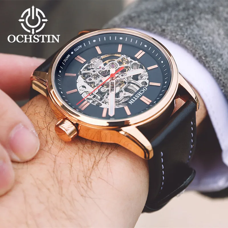 OCHSTIN Роскошные брендовые модные спортивные механические часы с кожаным ремешком