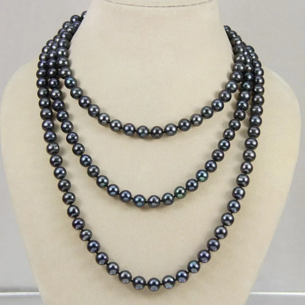 

Free Shipping NATURAL 7-8 MM TAHITIAN BLACK PEARL NECKLACE AA Long 50 Inches