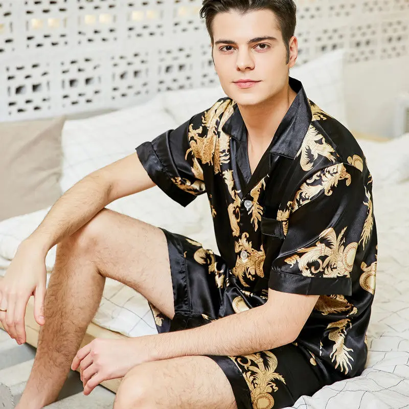 Pyjamas Set Style 3 Мужской халат, шелковый длинный халат, сексуальный плед, Мужская домашняя одежда для сна с v-образным вырезом, с коротким рукавом, летняя модная одежда, Пижама - Цвет: Pyjamas Set Style 3