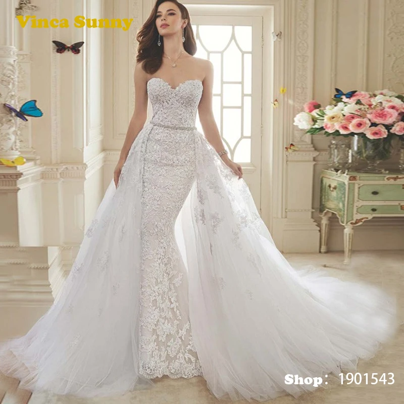 Vinca Sunny 2017 Mermaid Wedding Dresses Lace Applique Beads Vestidos De Noiva renda with Detachable Train white wedding gown | Свадьбы и