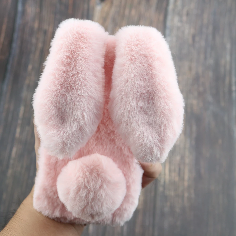 For iPhone XS Max case Warm Plush Fluffy pet rabbit fur TPU X XR 6 7 8plus soft cover 3D doll pink Cover |