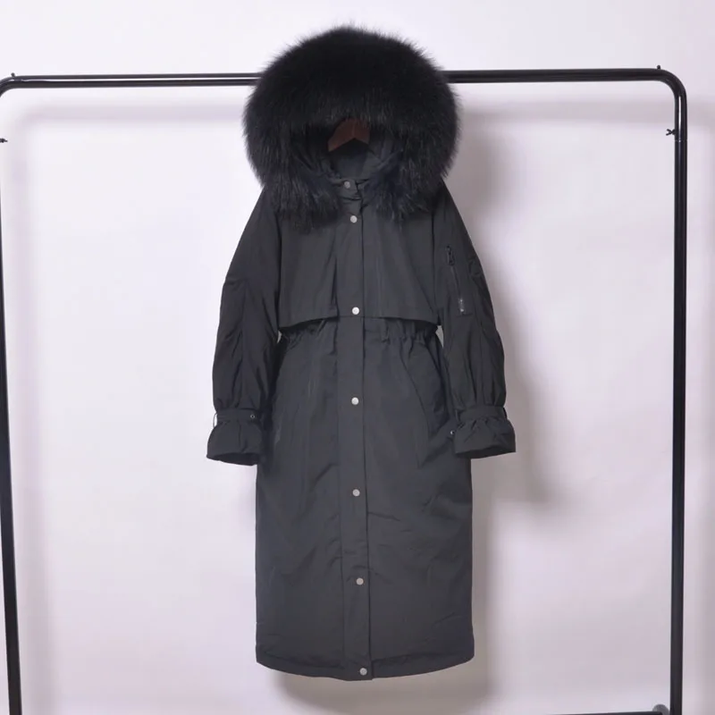 black-black fur Большой натуральный мех енота зимняя куртка для женщин с капюшоном женские свободные пальто с капюшоном Длинная пуховая парка Толстая теплая куртка-пуховик на белом утином пуху - Цвет: black-black fur