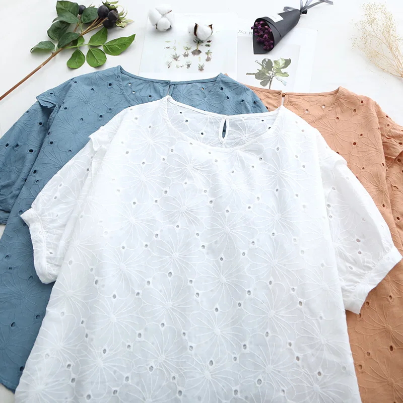 Women Embroidery Shirt Blouse O Neck Short Sleeve Solid Cotton Japan Style White Blue Womens Tops And Blouses S29522 |