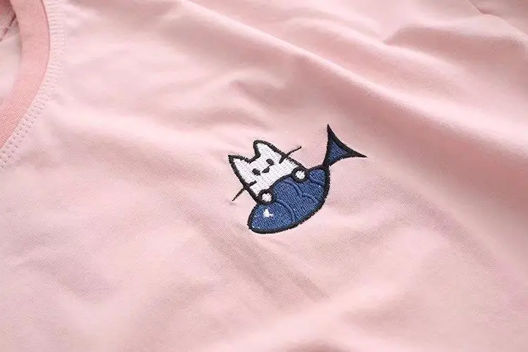 Harajuku kawaii футболка Женская корейский стиль футболка kawai Кот рыба emberoidery хлопок Топы рубашка camiseta кисточки Лидер продаж