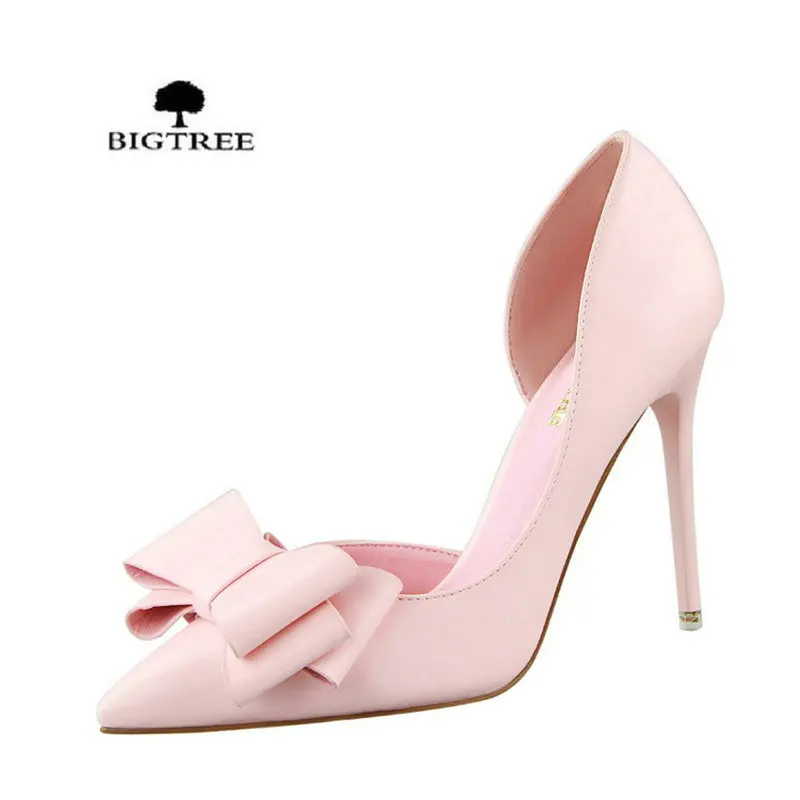 

BIGTREE New Spring Summer Women Pumps Sweet Bowknot High-heeled Shoes Thin Pink High Heel Shoes Hollow Pointed Stiletto Elegant