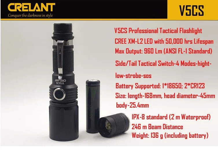 CRELANT V5CS Cree XP L светодиодный тактический фонарик с плавным затемнением кемпинг