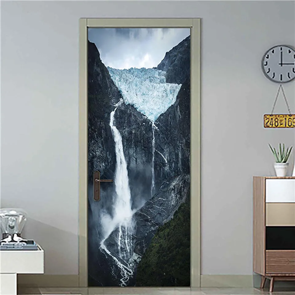 Self Adhesive Renew Door Sticker Mountain Range Sunset Home Decor 3d Print Waterproof Mural Wardrobe Renovation Decal Pictures
