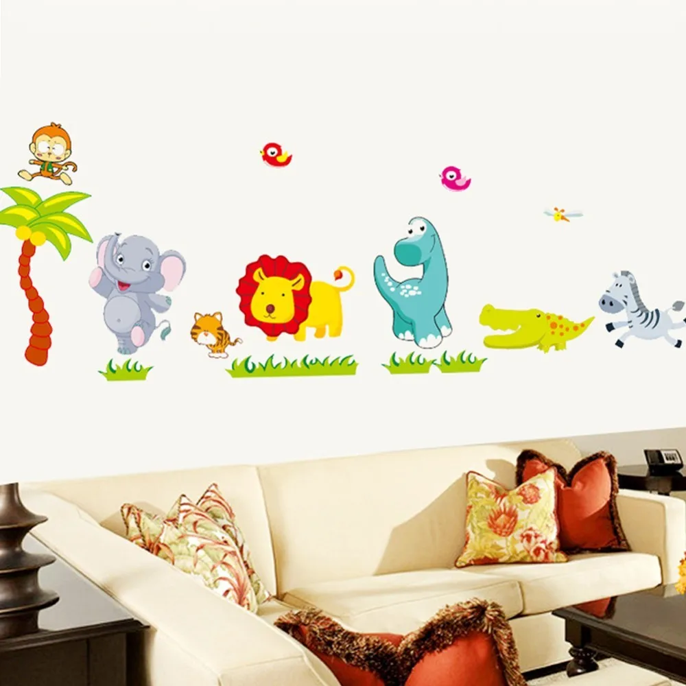 

% Cartoon Jungle wild Animals DIY 3D vintage wallpaper vinyl wall stickers for kids rooms child wall art decals home decoration