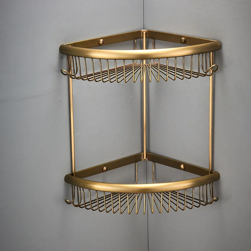 Antique Brass 2 уровня ванная комната угловая органайзер для хранения на полке с Полотенца крючки, идея для Кухня и Ванная комната, корзина для душа, твердая латунь Материал - Цвет: Antique Brass