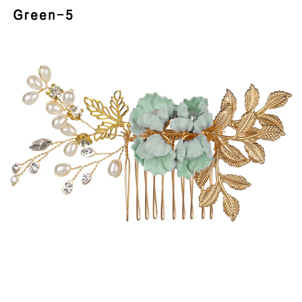 green 05 Модные расчески для волос с голубыми и красными цветами; головной убор для невесты; Свадебные украшения; аксессуары для волос с золотыми листьями; заколки для волос и палочки - Окраска металла: green 05