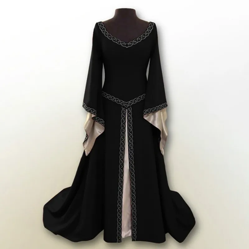 

RAISEVERN Mediveal Gown Robe Costume Women Dress Party Long Sleeve Embroidered Round-Neck Slim Lady Halloween Floor-Length Dress