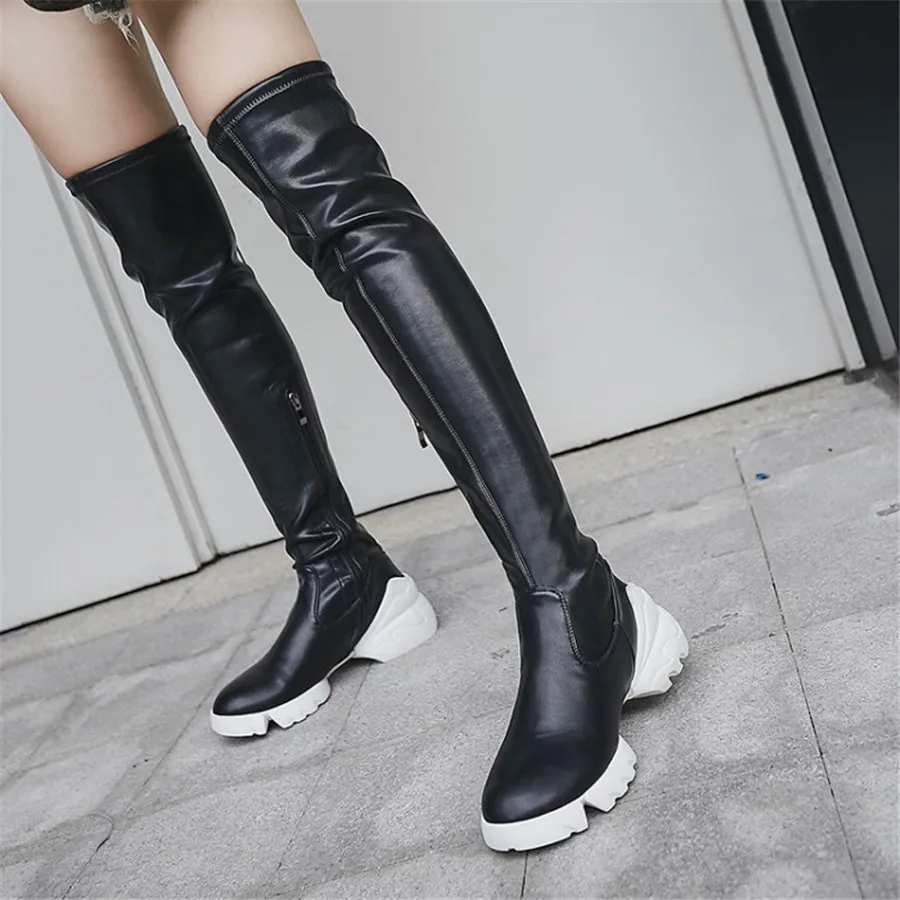 

2019 autumn new side zipper muffin bottom boots leather velvet fabric rubber soles skinny legs stretch boots women's shoes
