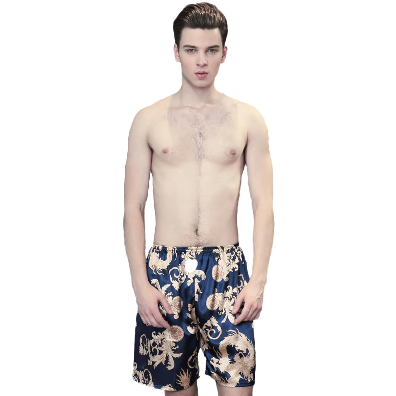 Мужские шелковые атласные спальные штаны с принтом домашние пижамные эластичной