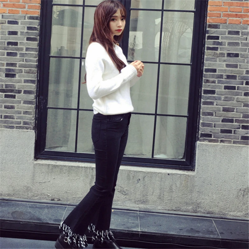 

Nice New Korean Retro High Waist Denim Bell-Bottoms Jeans Women Spring And Summer Thin Pants Fringed Edges A514