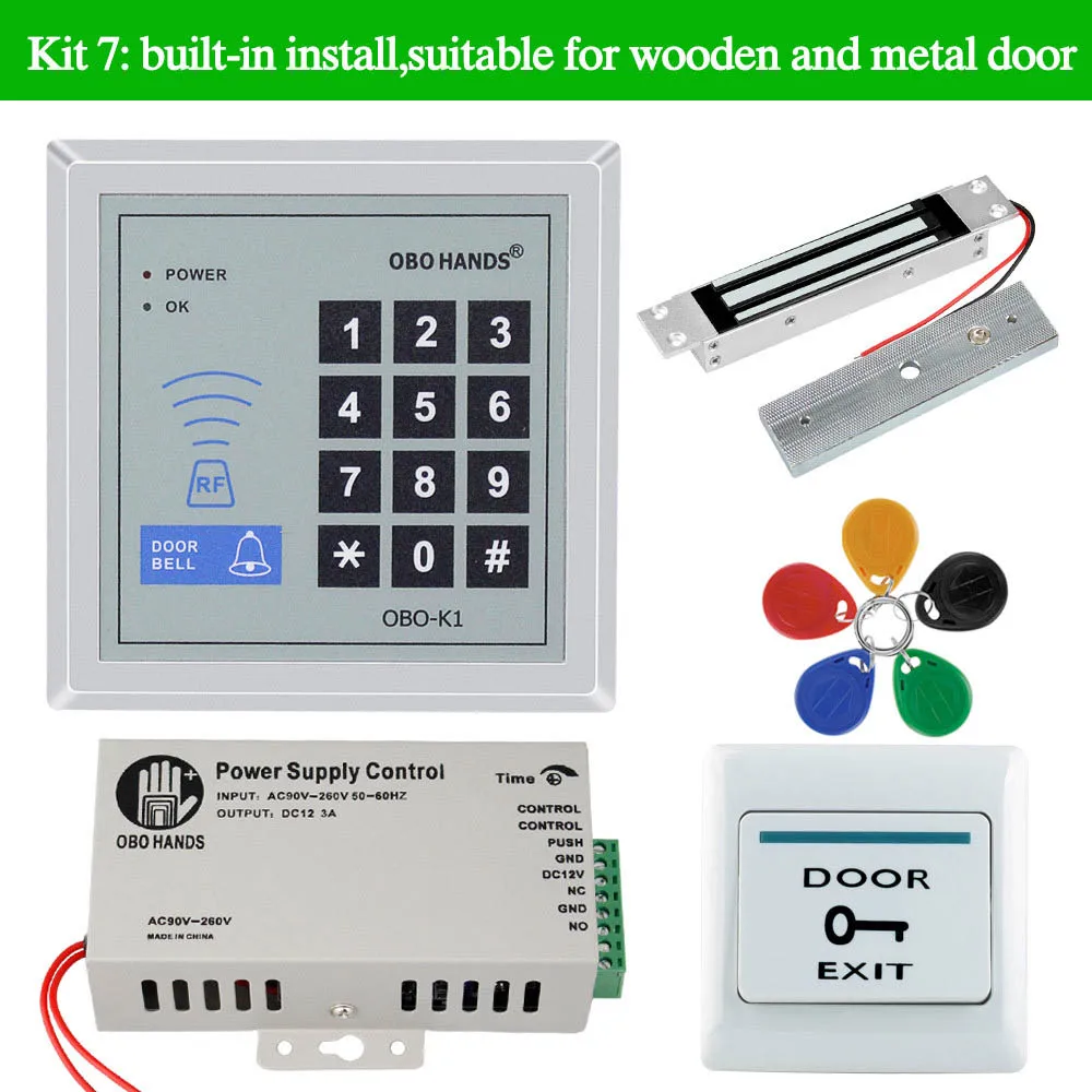 Set 7 OBO Hands система контроля доступа комплект 125 кГц RFID считыватель клавиатура с электрическим замком 180 кг Магнитный Удар+ выключатель питания 500 пользователей - Цвет: Set 7