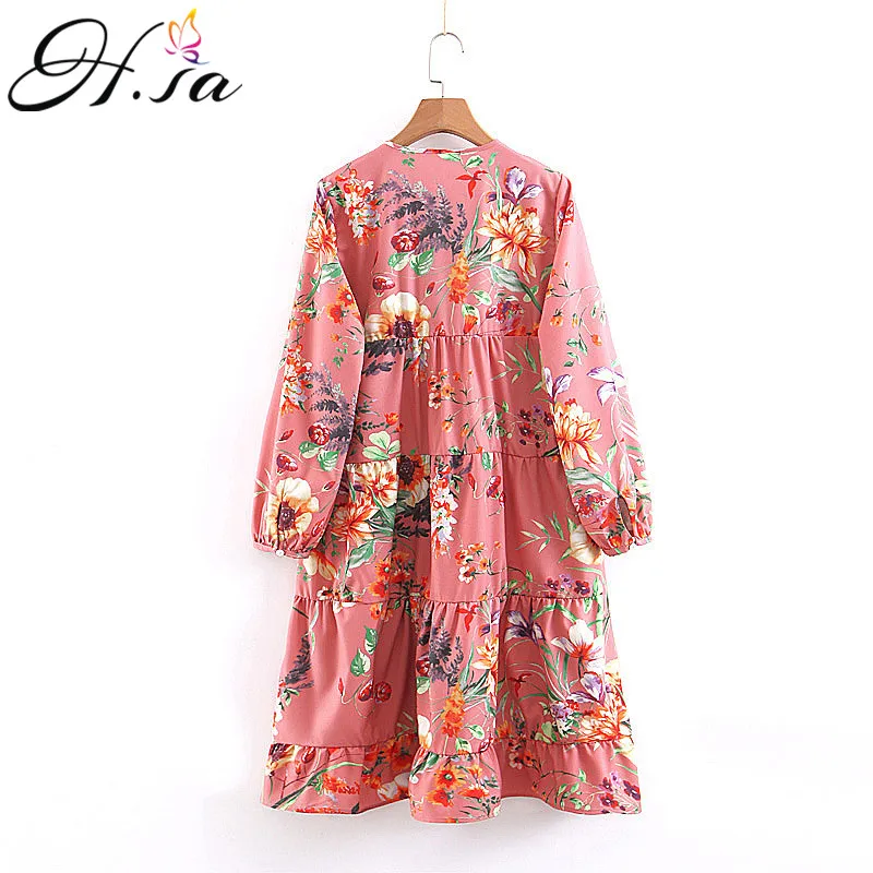 Женское платье с длинным рукавом H. SA Розовое свободное цветочным принтом и